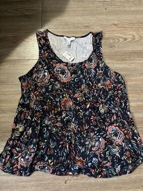 Addition Elle Black Floral Scoop Tank with Multicolor Blooms